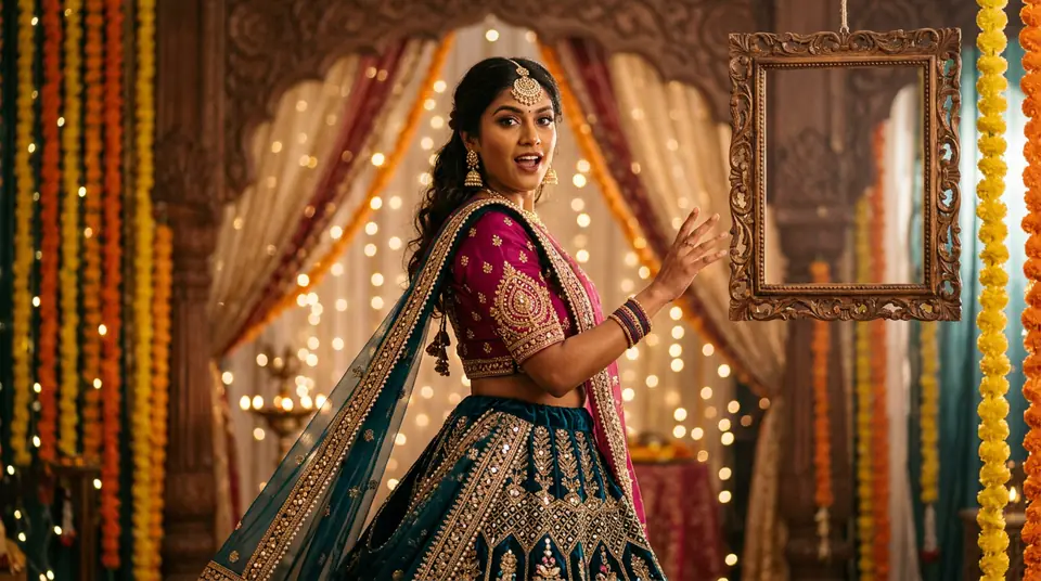 Indian fashion model in a vibrant lehenga against a festive backdrop, conveying urgency for an Indian festival fashion catalogue.