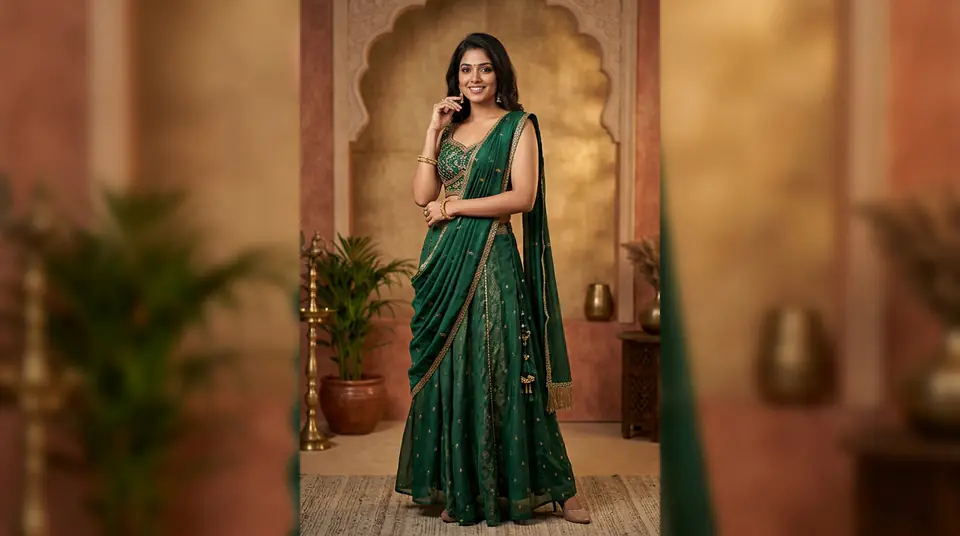 A stylish Indian woman wearing a contemporary festive kurti set, radiating confidence in a modern Indian setting, symbolizing effortless preparation for festival season fashion.