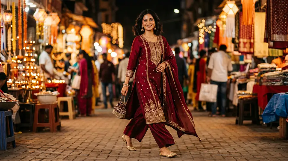 Indian woman in a maroon and gold festive kurti set, walking confidently through a vibrant, illuminated market, embodying the spirit of Indian festival fashion photography.