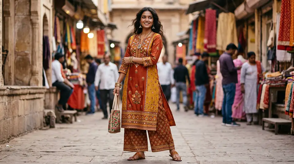 Indian model with dusky skin tone wearing a modern ethnic kurti set against a blurred Indian marketplace, representing diversity in fashion photography.