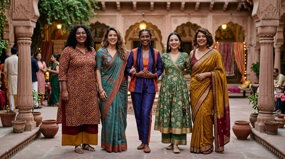 Diverse group of Indian women modeling contemporary ethnic wear, showcasing varied body types and skin tones, symbolizing inclusive fashion photography.
