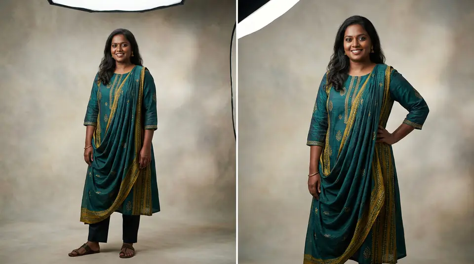 A mid-size Indian woman model with a darker skin tone confidently showcasing a modern kurti in a studio setting, demonstrating inclusive fashion representation.
