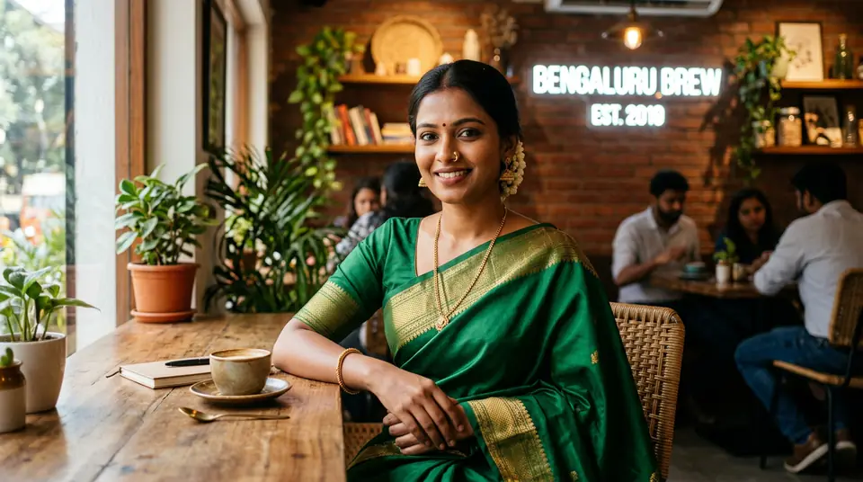 A diverse Indian model wearing a beautiful saree, showcasing authentic brand representation.