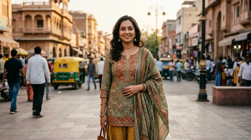 A stylish Indian model representing regional diversity, confidently showcasing a contemporary kurti set in a modern urban Indian setting.