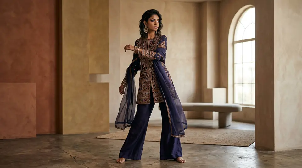 Confident Indian model in a contemporary fusion kurti set, showcasing the elegance and detail of indie fashion through AI photography