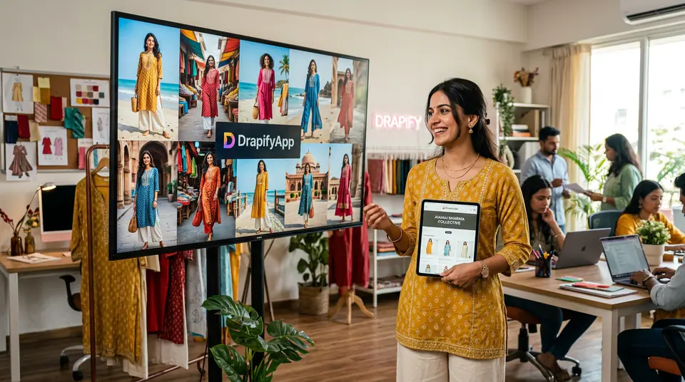 An Indian woman entrepreneur confidently viewing her high-quality AI-generated fashion catalogue on a screen, representing success for an indie fashion brand.