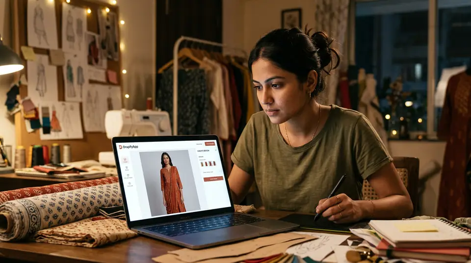 A young indie fashion brand founder using DrapifyApp on her laptop to create AI model photos and improve her small brand SEO.
