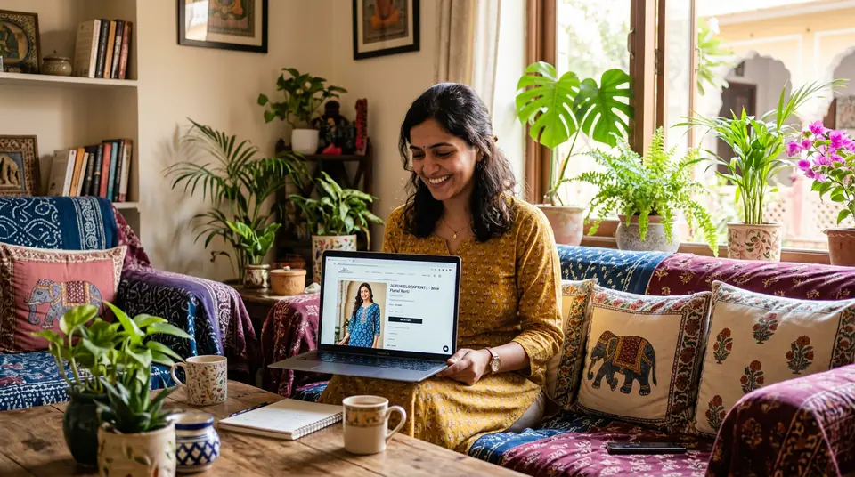 A young indie fashion brand owner in Jaipur working from her living room, successfully managing her online store.