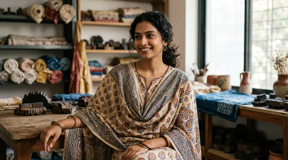 Anjali's beautiful hand-block printed kurti draped on an AI model, set in a rustic artisan studio, representing her indie brand's success.