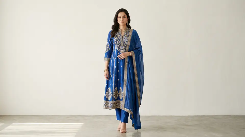 Elegant Indian woman in a high-quality, intricately embroidered blue kurti set, showcased with professional studio lighting for an e-commerce catalogue.