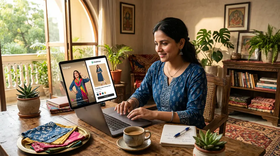 Priyanka Sharma, founder of Zariya, reviewing high-converting AI-generated product photos on her laptop in her Jaipur office.