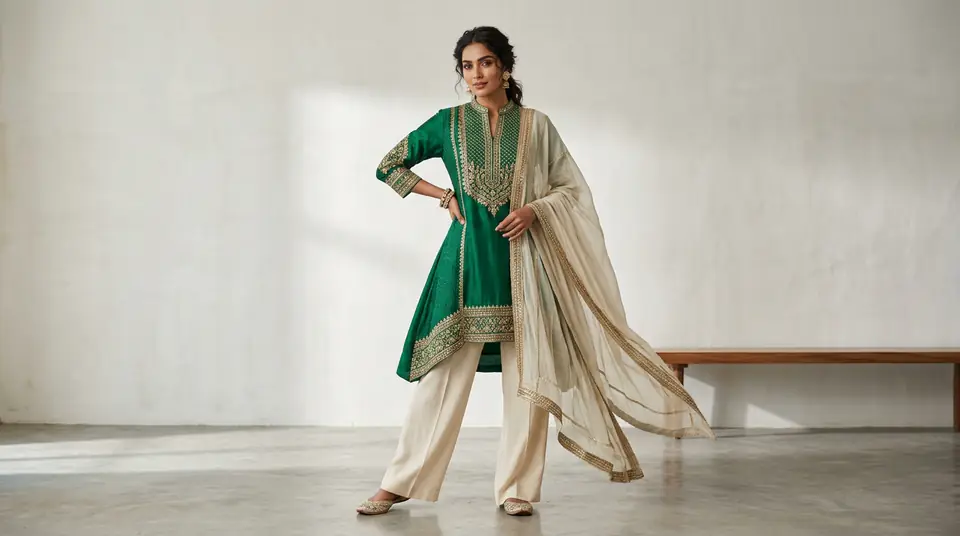 An Indian woman confidently posing in a contemporary fusion ethnic outfit against a clean studio backdrop, showcasing high-quality catalogue photography for fashion e-commerce.