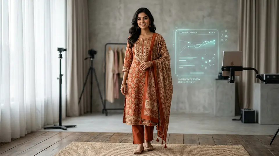 AI-generated fashion catalogue photo of an Indian kurti set on a model, showcasing high-resolution detail and professional quality for e-commerce listings.