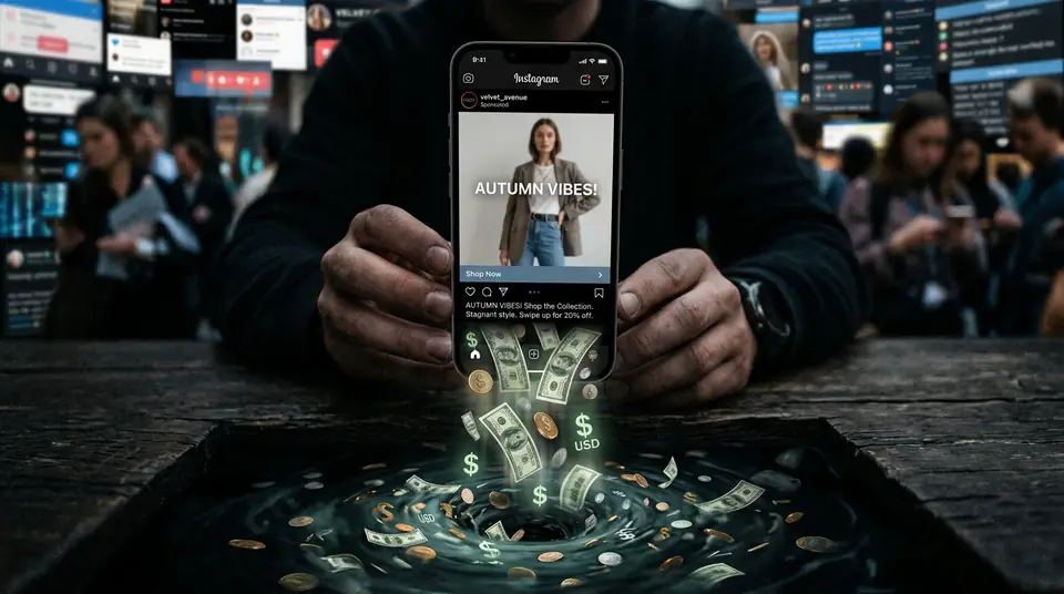 Smartphone screen showing a bland Instagram ad, money visibly draining away, symbolizing creative fatigue and wasted ad spend.