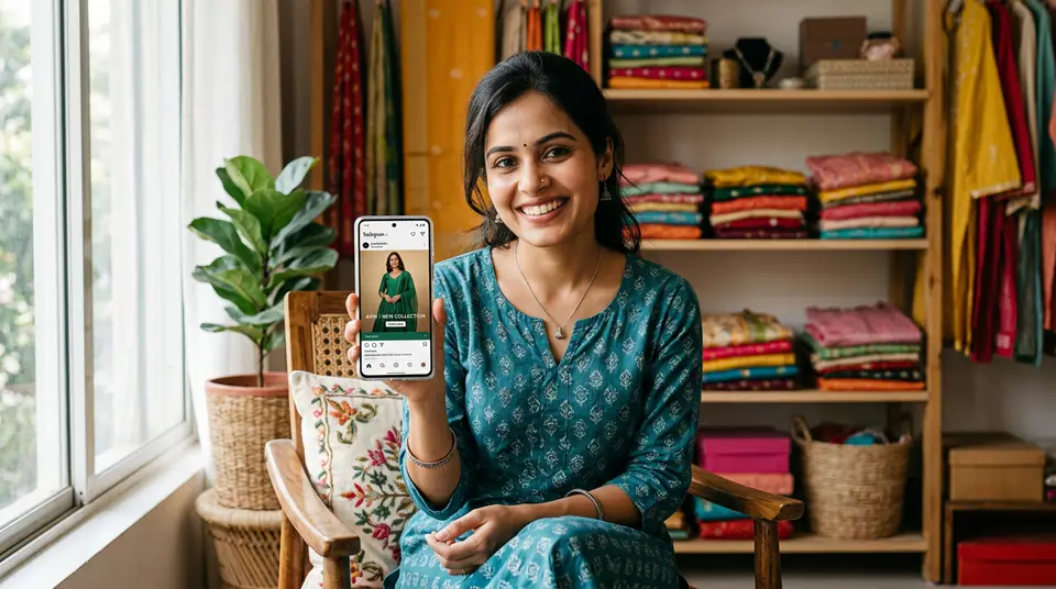 A boutique owner in Jaipur smiling while holding a phone displaying a successful Instagram fashion ad, surrounded by her clothing collection.