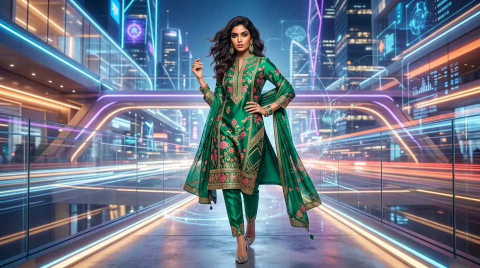 AI-generated fashion photo of an Indian woman in a kurti set, demonstrating fresh creative for Instagram ads