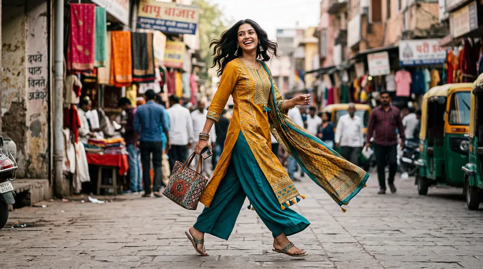 Indian model wearing a modern kurti set, captured in a dynamic pose against a lively urban Indian background, representing aspirational fashion photography for Instagram ads.