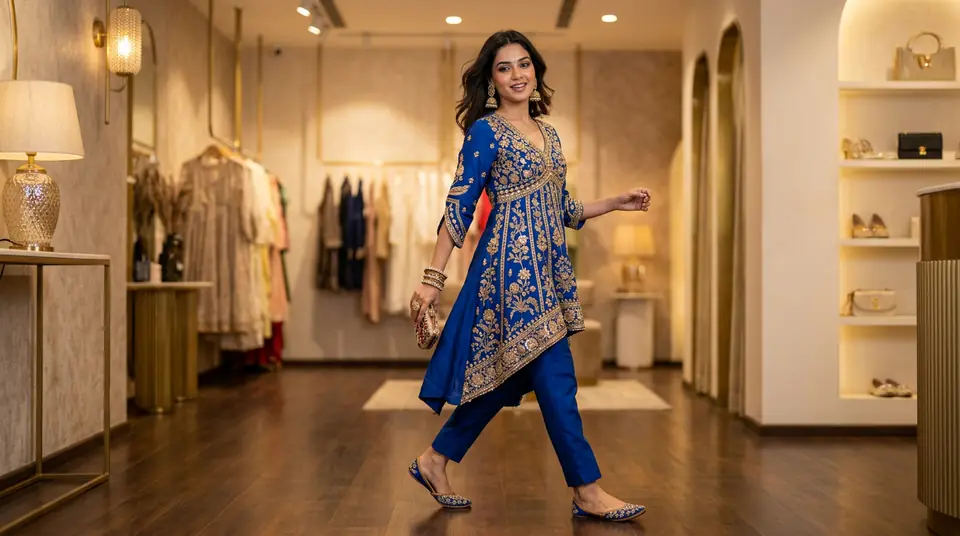 Dynamic Indian female model showcasing a vibrant kurti set in a high-end boutique setting, perfect for Instagram fashion ads.