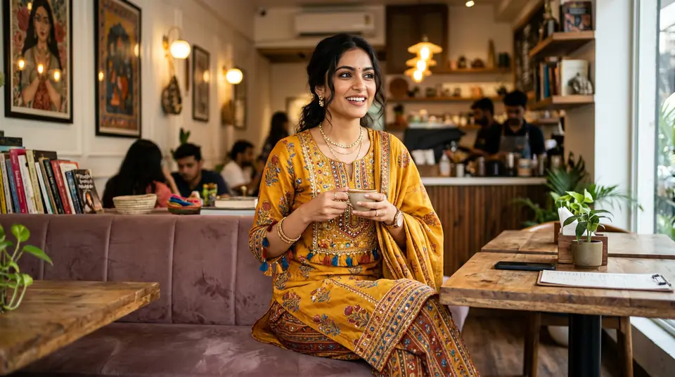 Dynamic photo of an Indian model in a kurti set, perfect for Instagram fashion ads, embodying high-conversion creative