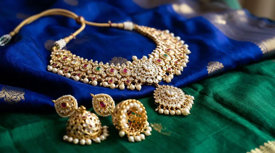 Stunning close-up of intricate Indian gold and diamond Kundan necklace, expertly photographed to highlight every detail and sparkle, against a luxurious jewel-toned fabric background.