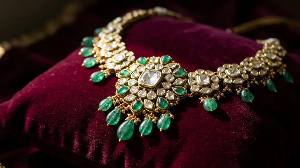 Macro detail shot of a premium Indian Polki and emerald necklace, showcasing high-quality jewelry product photography.