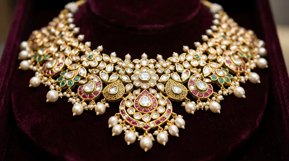 Close-up of a sparkling, intricate Indian kundan gold necklace showcasing exceptional jewelry product photography detail.