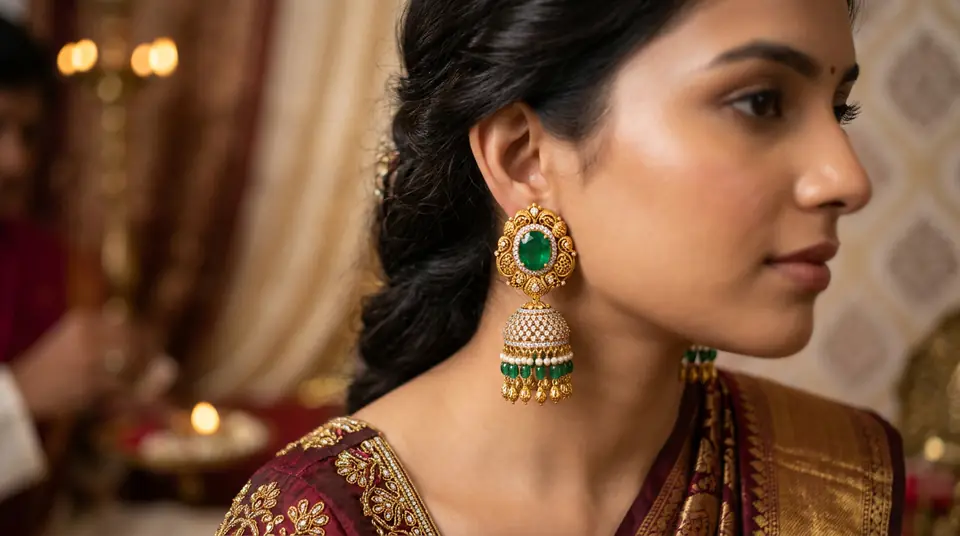 Close-up of premium Indian gold and emerald earrings on a model, showcasing intricate details and sparkle.