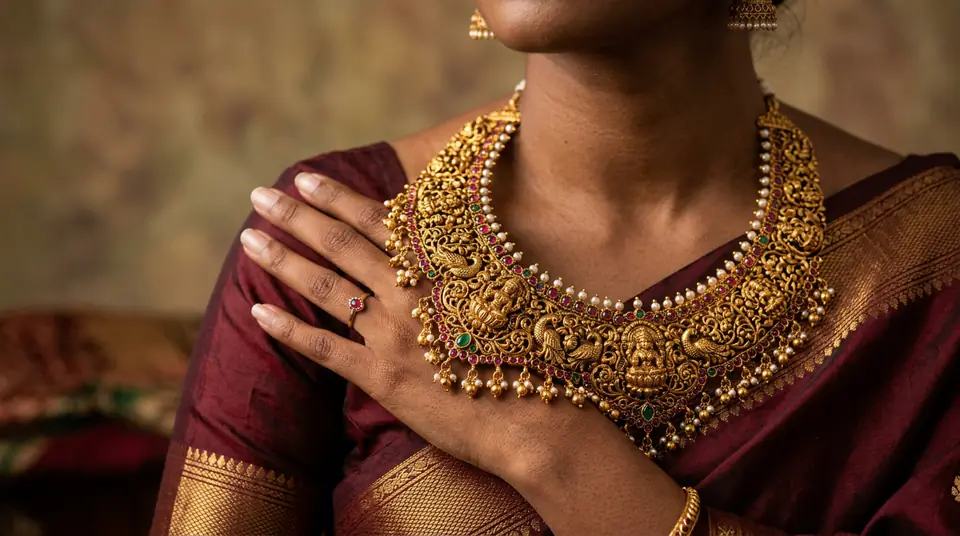 Close-up of a South Indian woman wearing an antique gold temple necklace, highlighting intricate details.