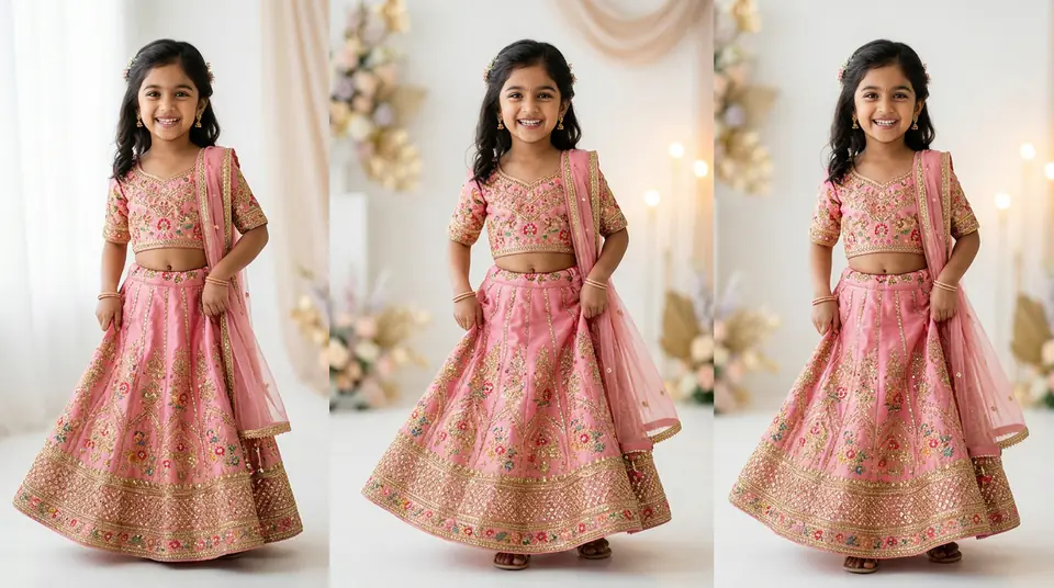 A happy young girl in a pink ethnic lehenga, showcasing the joy of kids wear photography