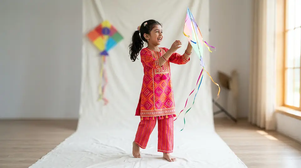 Cheerful Indian child models a vibrant kurti set in a professional studio, showcasing modern kids wear catalogue photography.