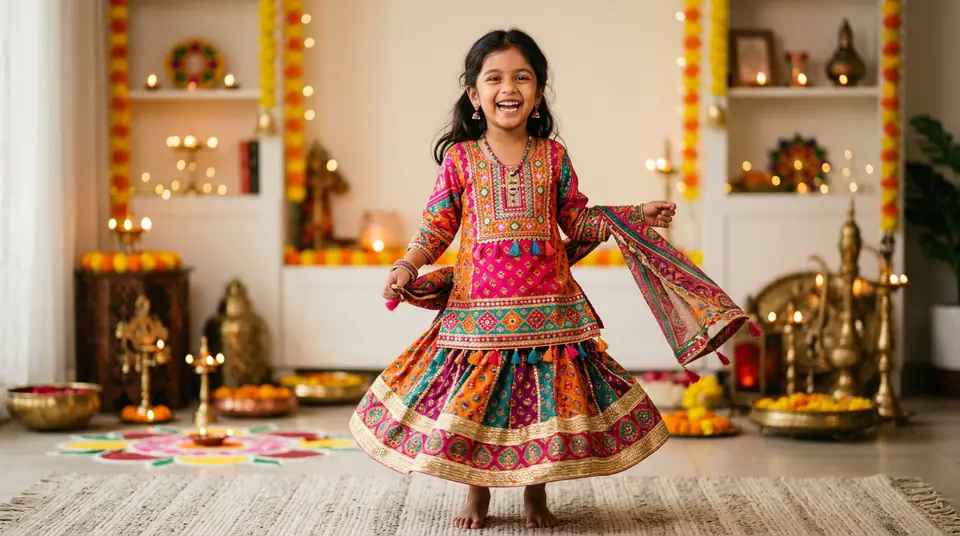 Joyful Indian child model wearing vibrant ethnic kids wear, posing against a festive, digitally generated Diwali-themed background, showcasing high-quality kids wear catalogue photography.