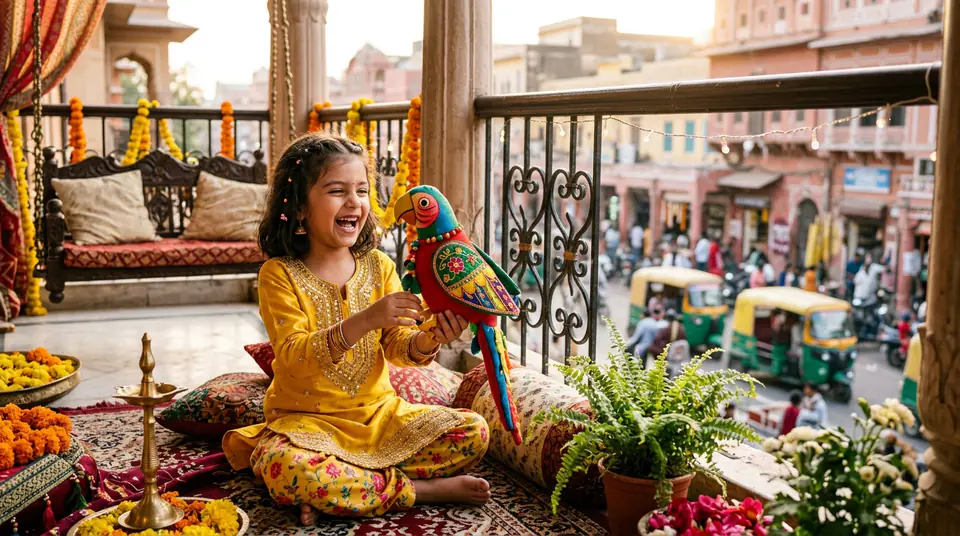 A joyful Indian girl in a yellow kurti set, playing with a toy parrot on a Jaipur balcony, representing a vibrant kids wear catalogue.