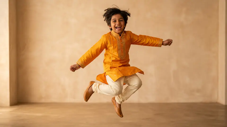 Joyful Indian child model in vibrant festive kurta set, captured in a dynamic pose for a kids wear catalogue