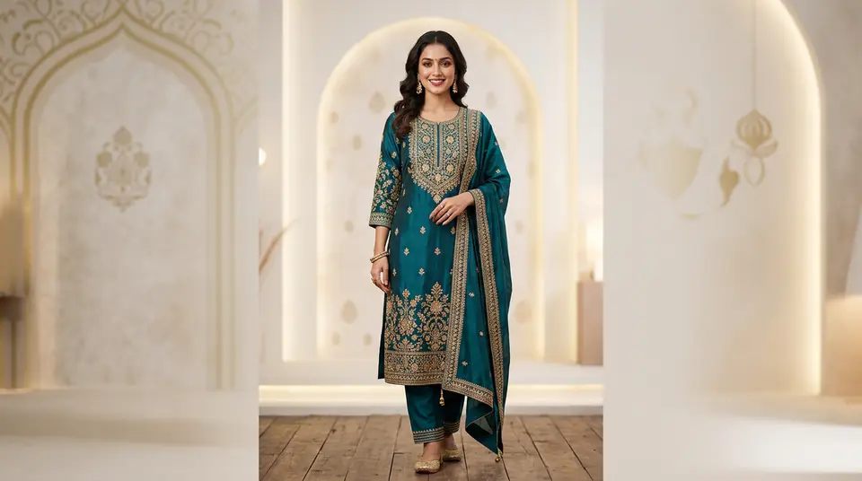 Indian model wearing a stunning vibrant kurti set, showcased with editorial-quality AI fashion photography for a kurti catalogue