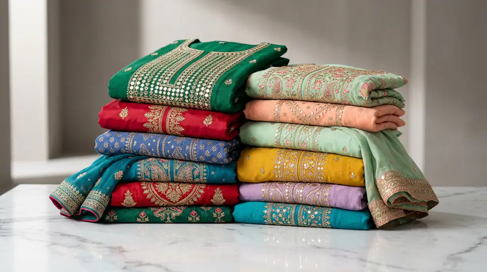 A vibrant stack of high-quality, intricately designed kurti sets in various festive colors and fabrics, perfectly arranged on a clean, modern surface, symbolizing efficient and high-volume kurti catalogue photography for wholesale businesses.