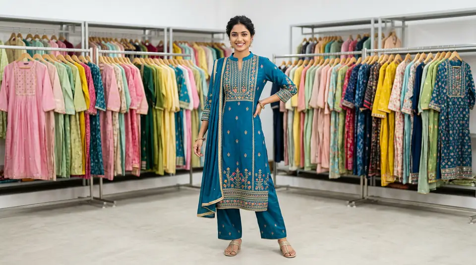 AI-generated image of a stylish kurti set, showcasing efficient and high-volume kurti catalogue photography for wholesale businesses.