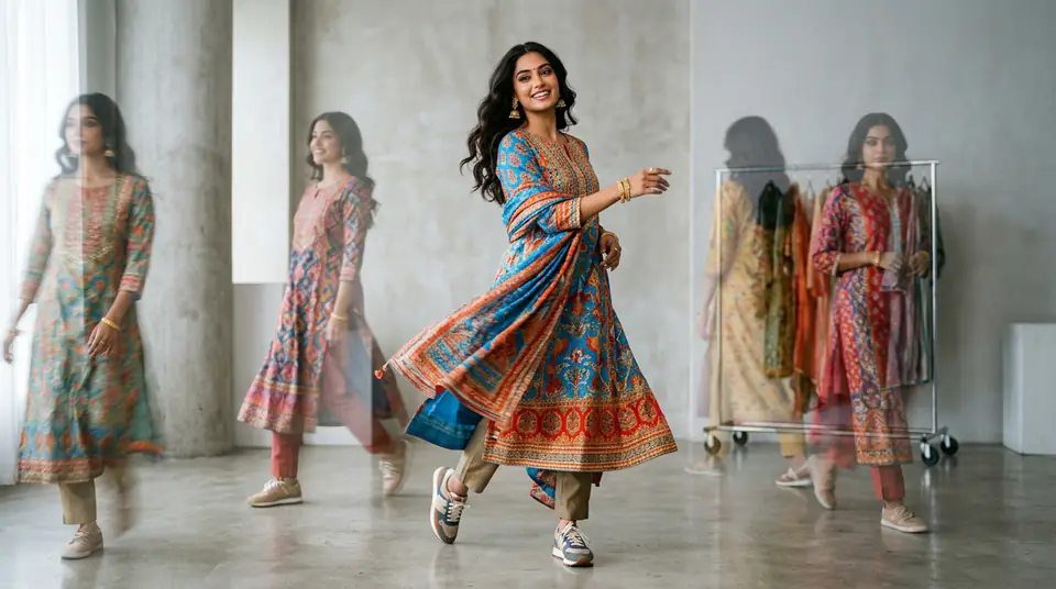Indian model wearing a stunning kurti set, showcasing the efficiency of AI kurti catalogue photography for wholesalers