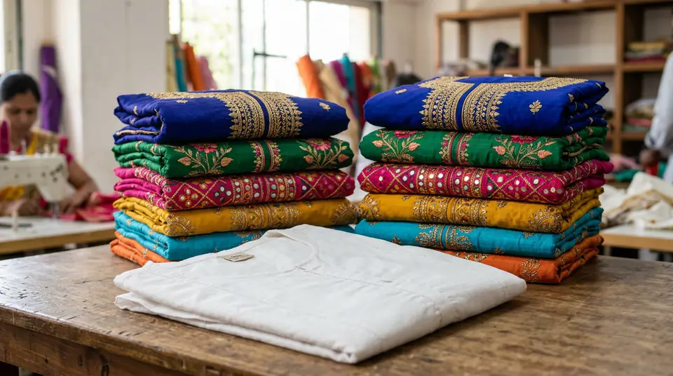 Stack of colourful kurtis, with a plain white kurti in the foreground, representing raw material for catalogue photography.