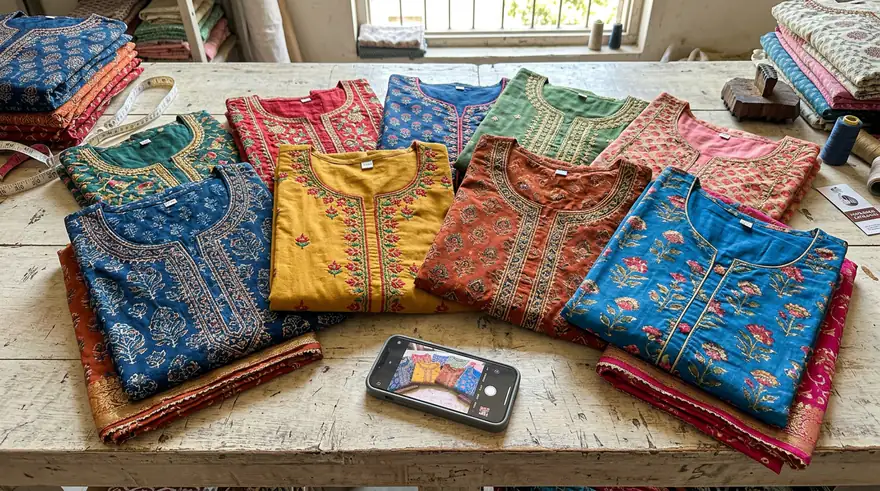 A neatly arranged flat lay of various patterned kurtis on a wooden table, with a smartphone in the foreground, illustrating efficient in-house kurti catalogue photography for wholesalers.