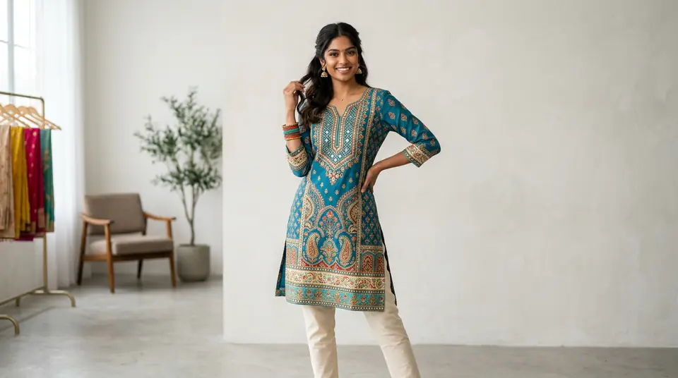 AI-generated image of a beautifully styled Indian kurti on a virtual model, showcasing consistent, high-quality fashion catalogue photography for wholesale.