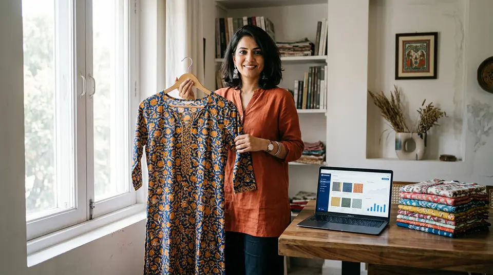 Jaipur boutique owner photographing a kurti in her home studio, laptop showing DrapifyApp