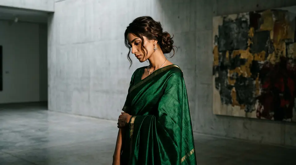 An artistic lookbook photo of a model in a green saree, representing the type of premium brand photography that hurts ecommerce sales.