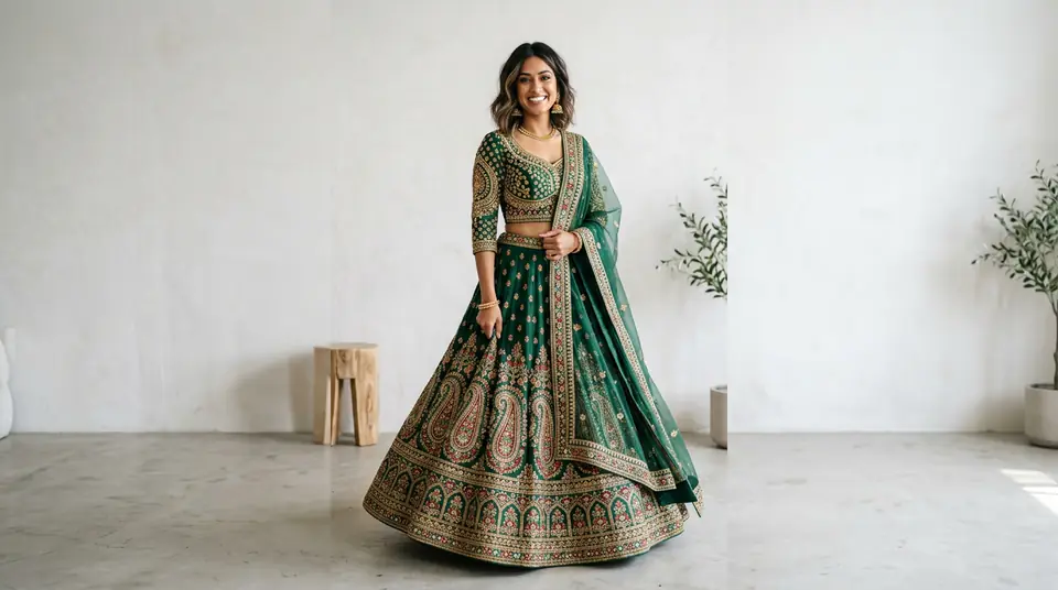 Indian model showcasing a premium embroidered lehenga in a clear, well-lit studio setting for ecommerce listing photos