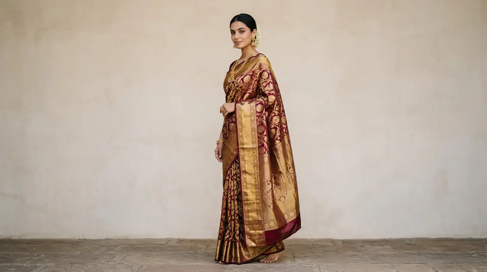 Elegant Indian model showcasing a premium Kanjeevaram silk saree with intricate embroidery against a minimalist backdrop, highlighting exquisite fabric and design details.