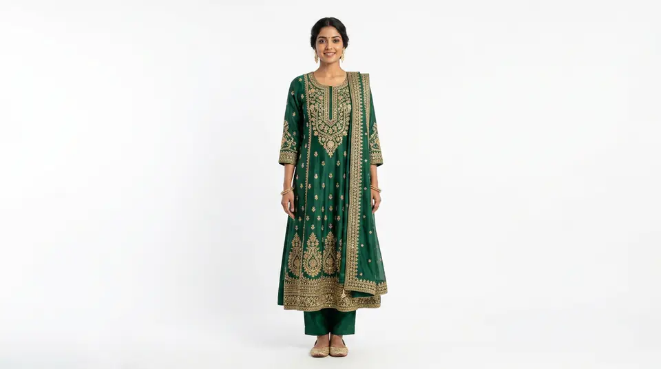 Indian model wearing a premium embroidered kurti, photographed head-on in a brightly lit studio with a white background for an ecommerce listing.