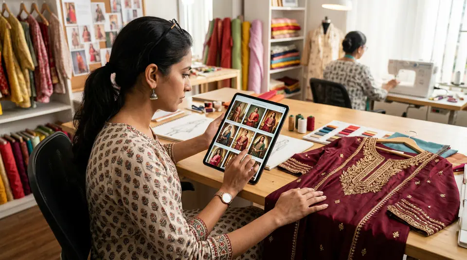 Indian fashion designer using a tablet to view AI-generated photos from DrapifyApp, with physical fabric samples on the table, symbolizing a fast fabric-to-catalogue workflow.