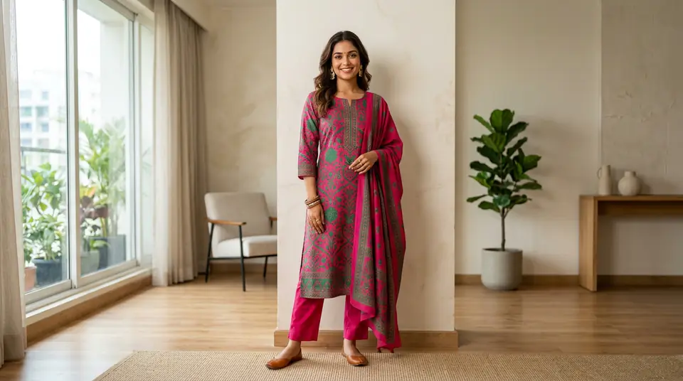 Indian model wearing a fuchsia and emerald green kurti set, posing against a clean, modern background, showcasing high-quality Meesho catalogue photography.