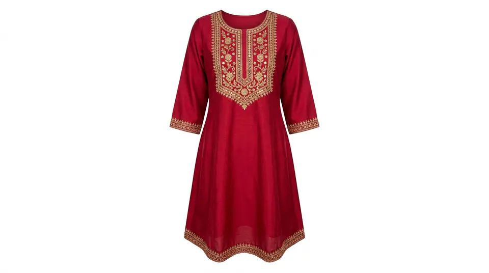 A vibrant yellow embroidered kurti perfectly styled on a pure white background, ready for Meesho listing.