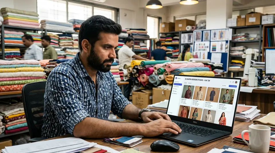 Indian fashion seller in a Surat office using a Meesho product image generator on his laptop to create product photos for kurtas.