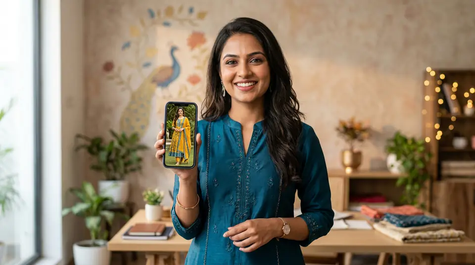 Indian Meesho reseller confidently showcasing a professional catalogue-quality kurti set photo on her smartphone, symbolizing boosted sales through AI photography.